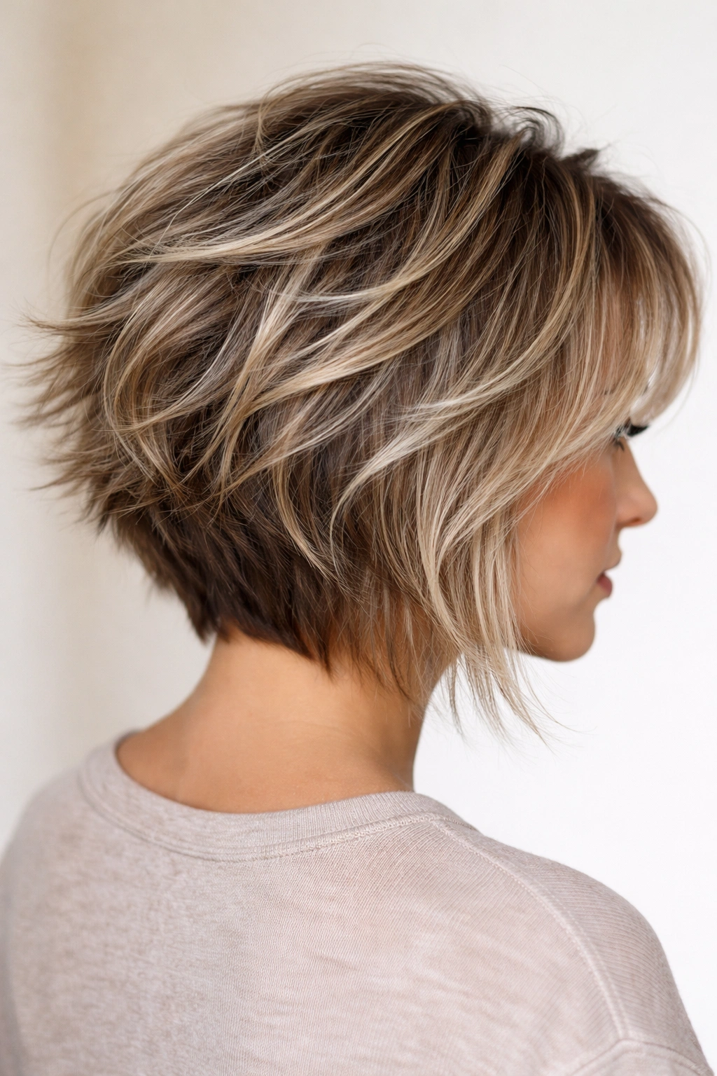 Close-up of a shaggy stacked bob with all-over textured layers and back lift.