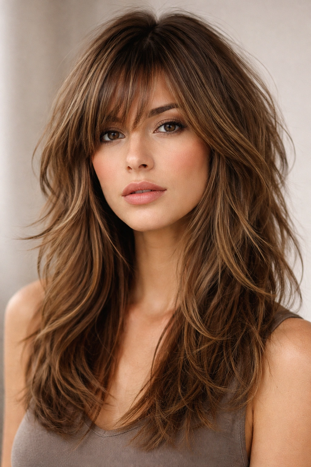 Portrait of shaggy layered cut with side-swept bangs showing texture and movement