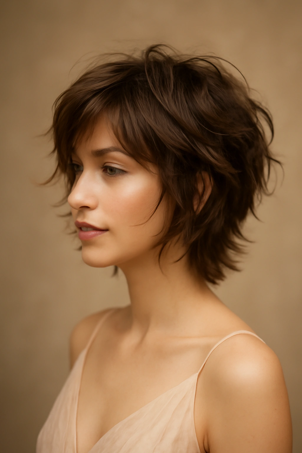 Shaggy layered hairstyle with movement and texture.