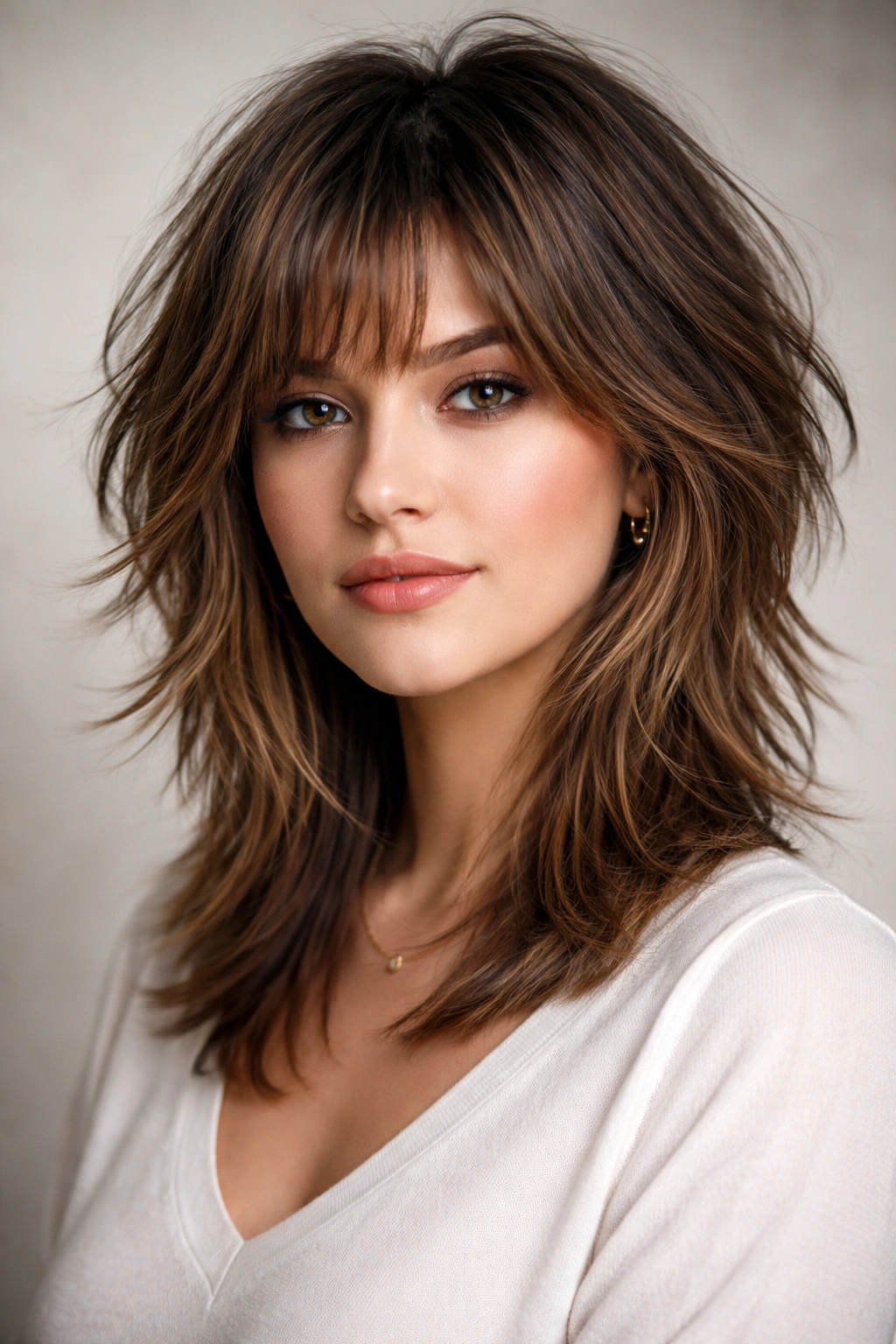 Model with shaggy layers and choppy texture creating movement and angles.