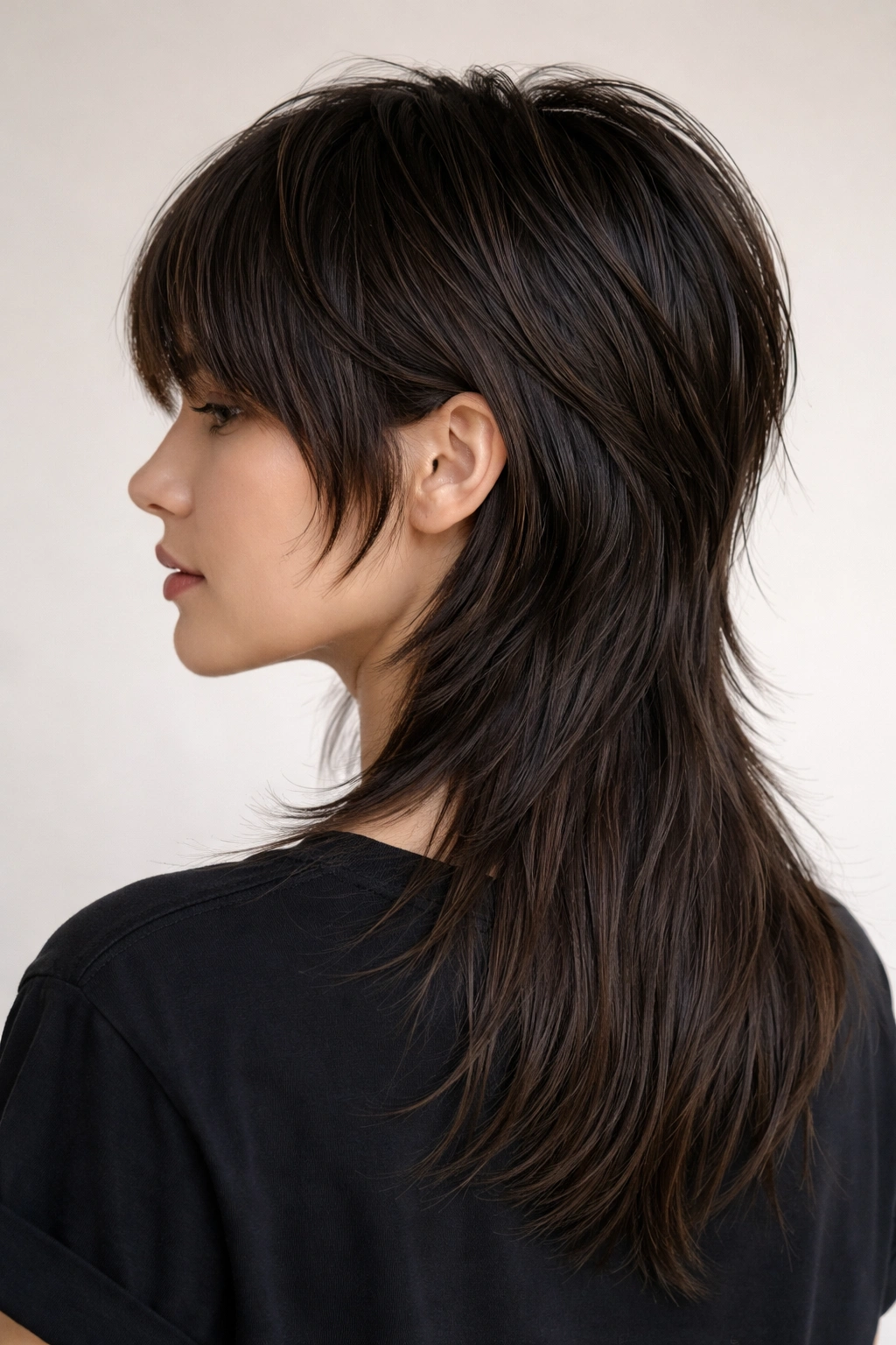 Side profile of The Shaggy Modern Mullet showing layered top and longer back
