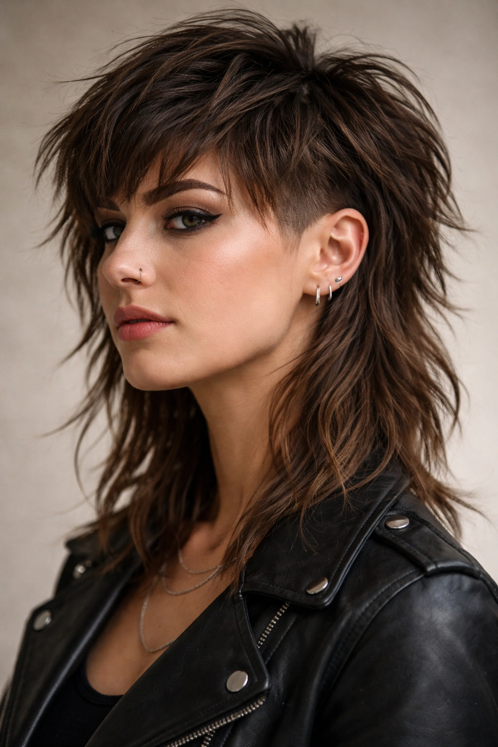 Portrait of a woman with a shaggy mullet and faded sides showing textured layers for movement