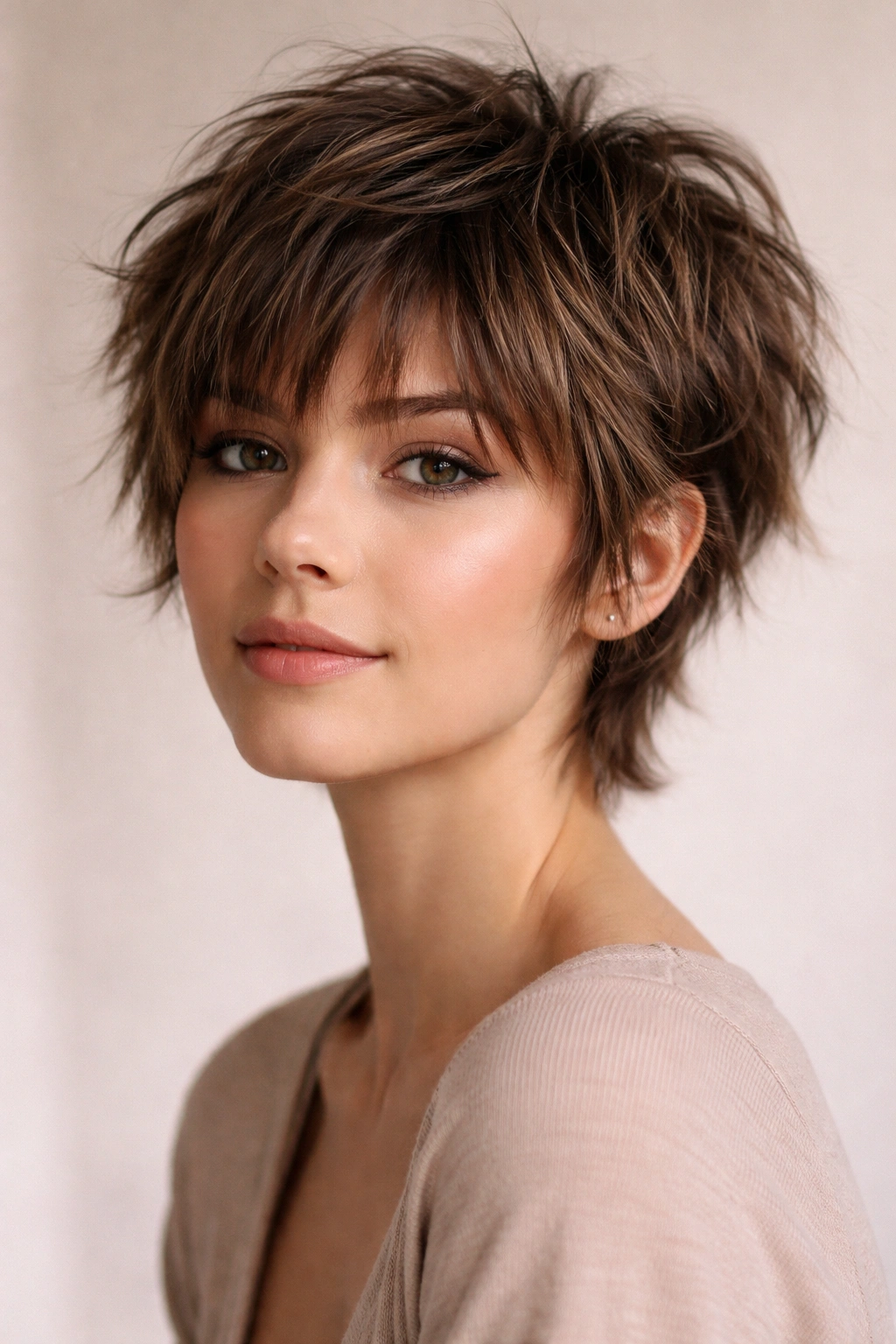 Shaggy pixie with piece-y bangs showing textured layers and lifted crown