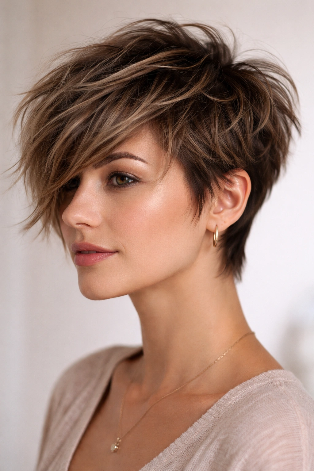 Portrait of a person with a shaggy pixie cut featuring long crown and long bangs