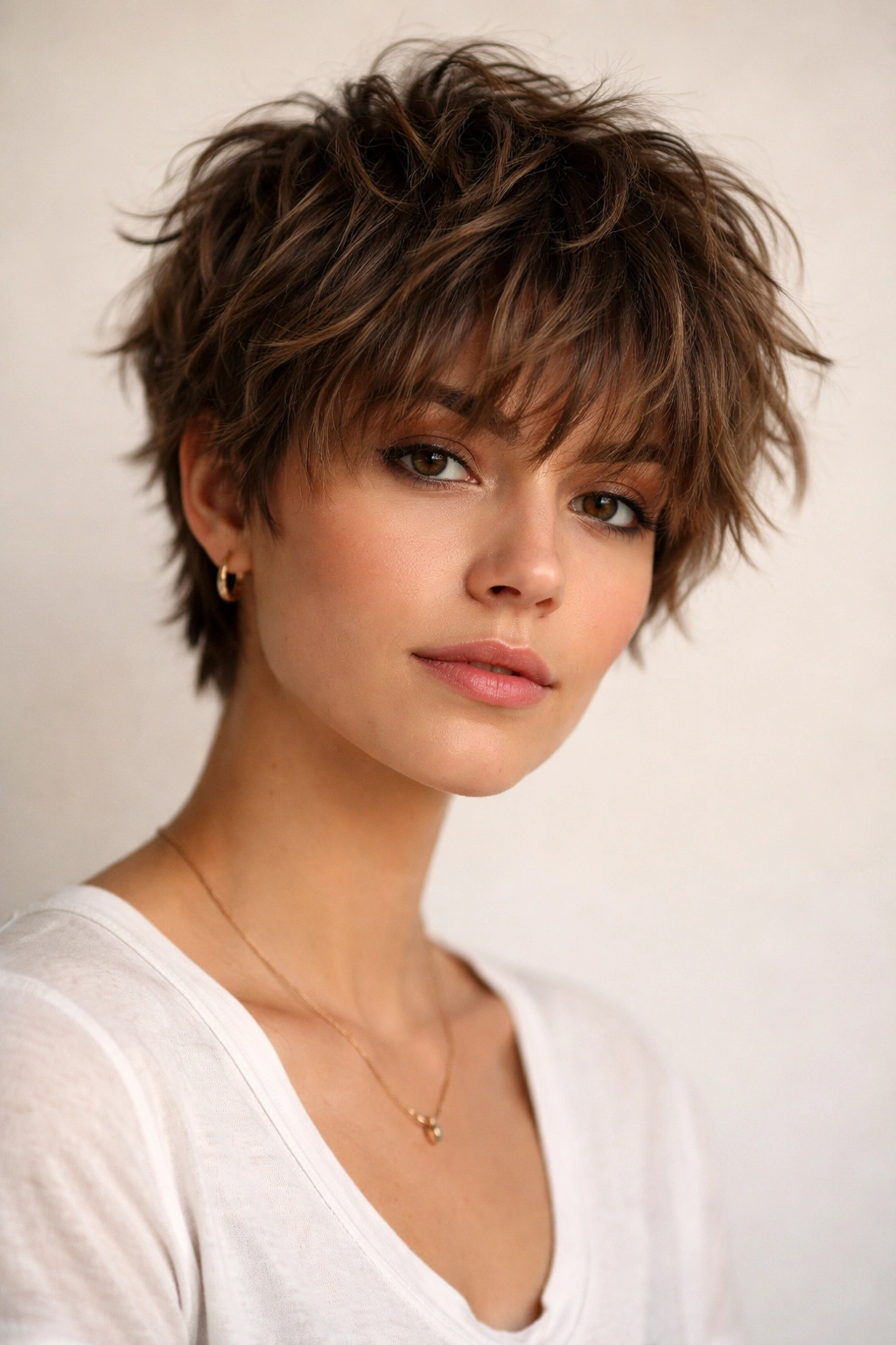 Shaggy pixie with layered bangs and textured waves