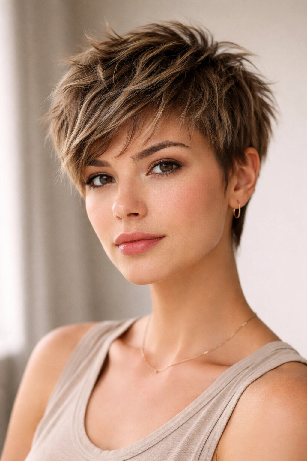 Short shaggy pixie blend with textured top and subtle side-length variation