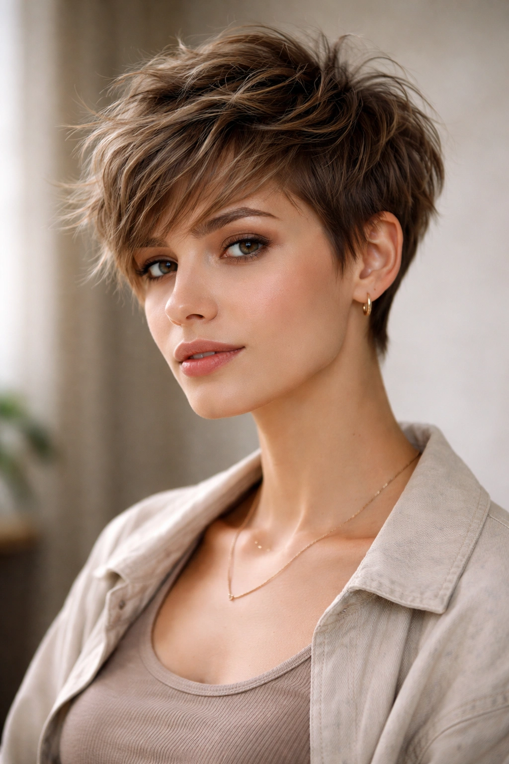 Medium close-up of shaggy pixie cut with layered top