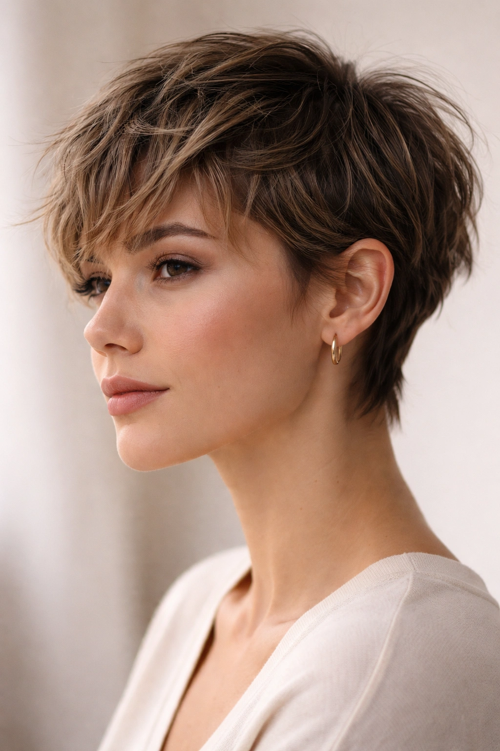 Close-up of shaggy pixie hairstyle with textured layers tucked behind the ear