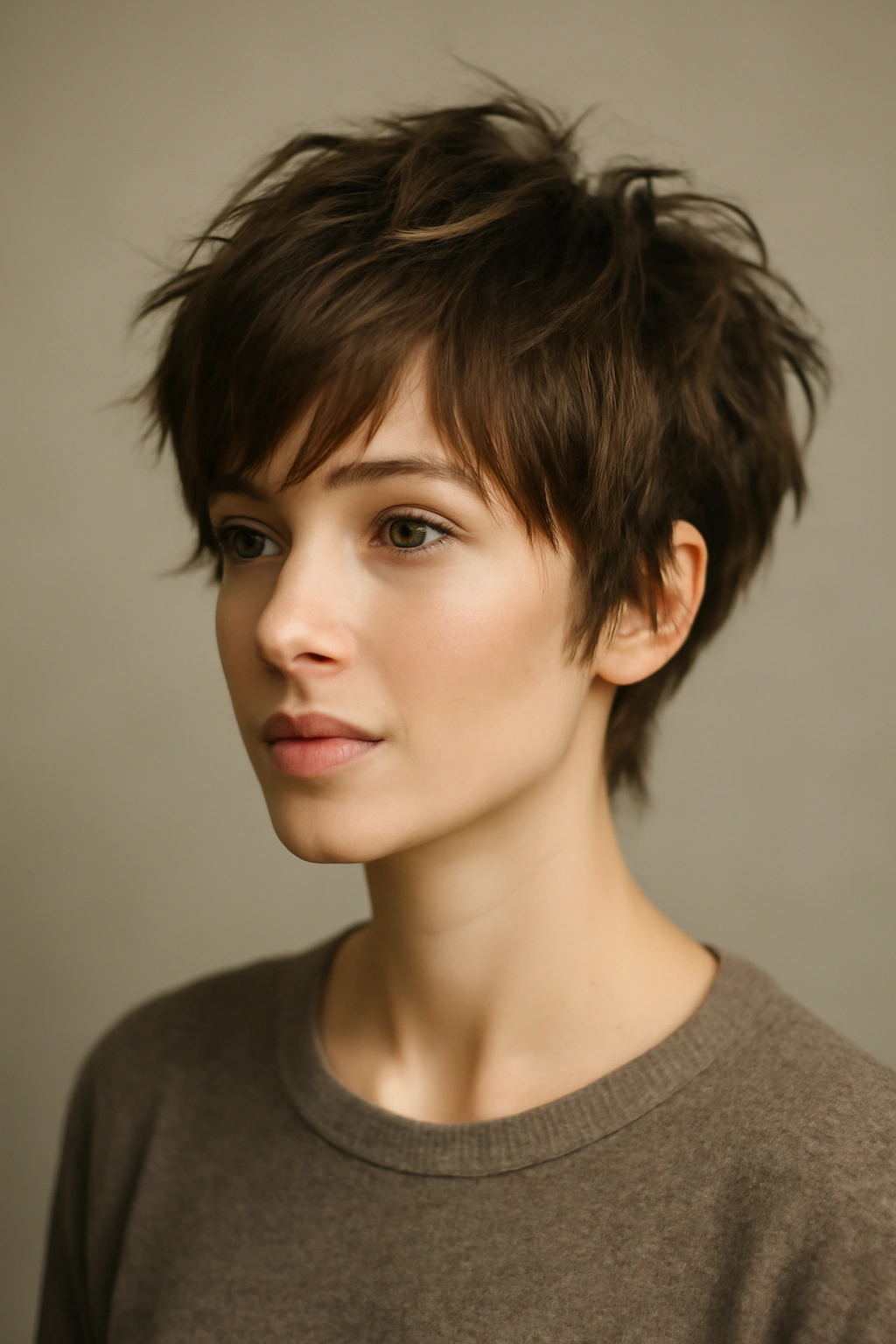Portrait of The Shaggy Pixie with tousled layers and face framing texture