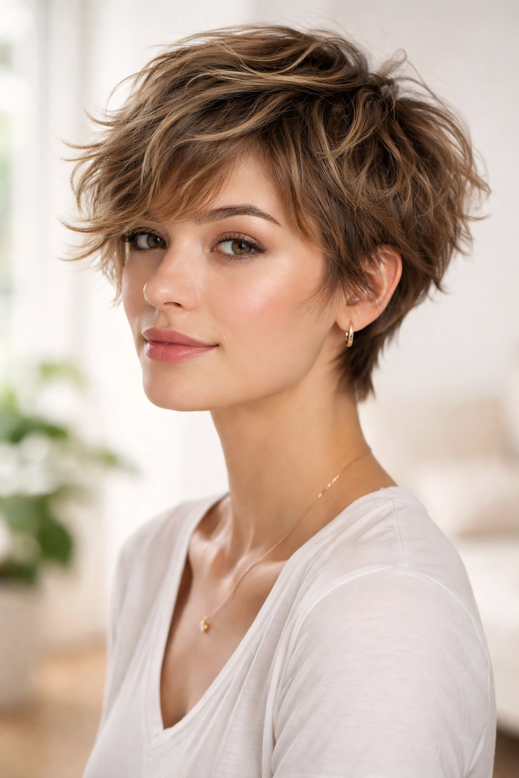 Shaggy pixie hybrid with layered textured waves