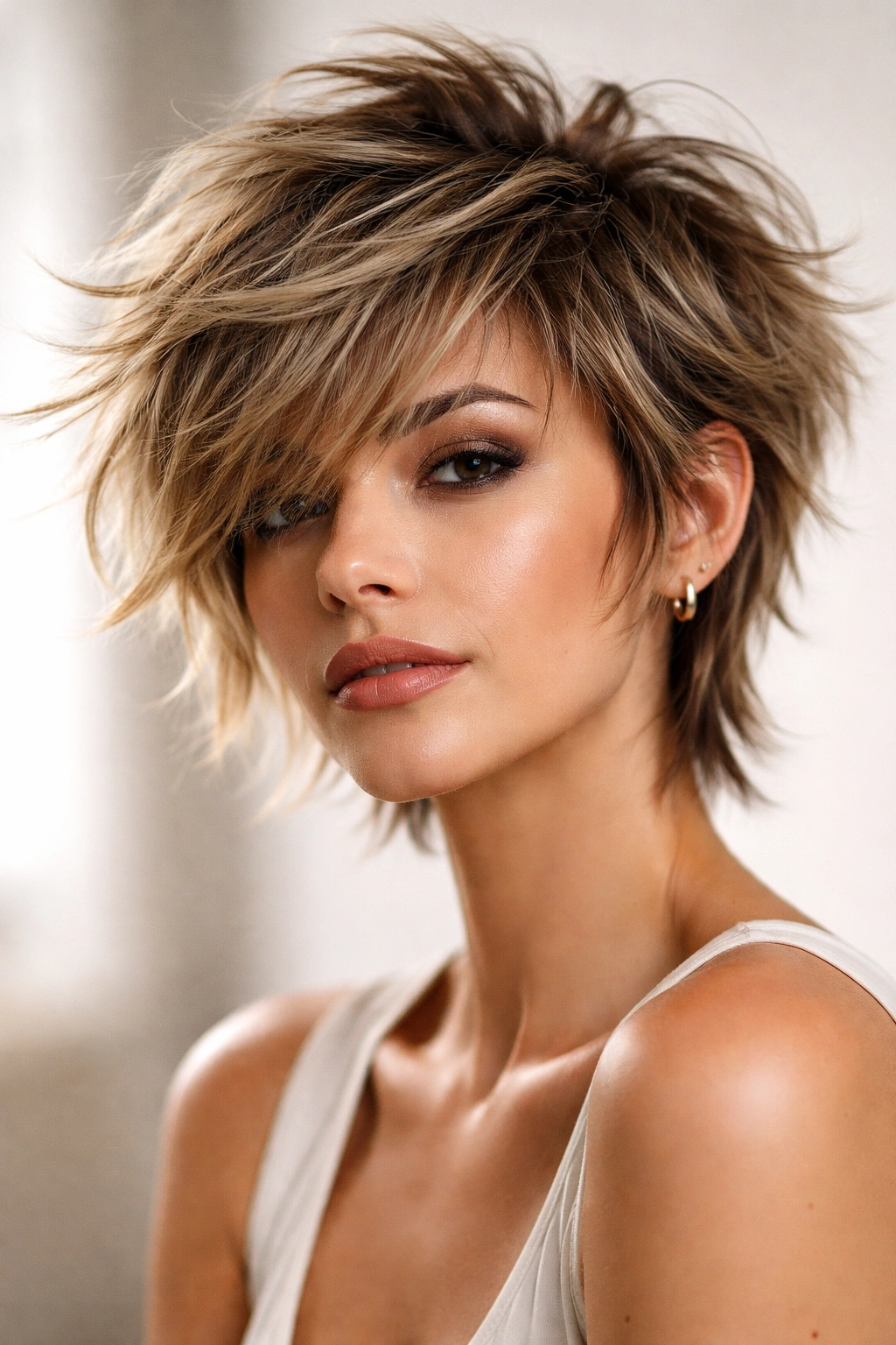 Shaggy pixie hairstyle with multiple layers and tousled texture