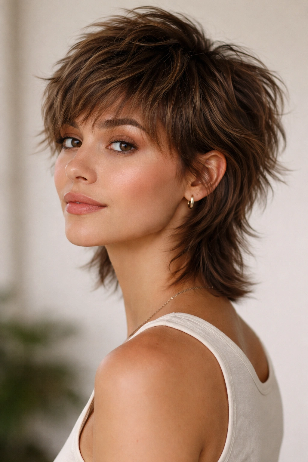 Side profile of shaggy pixie mullet with textured layers