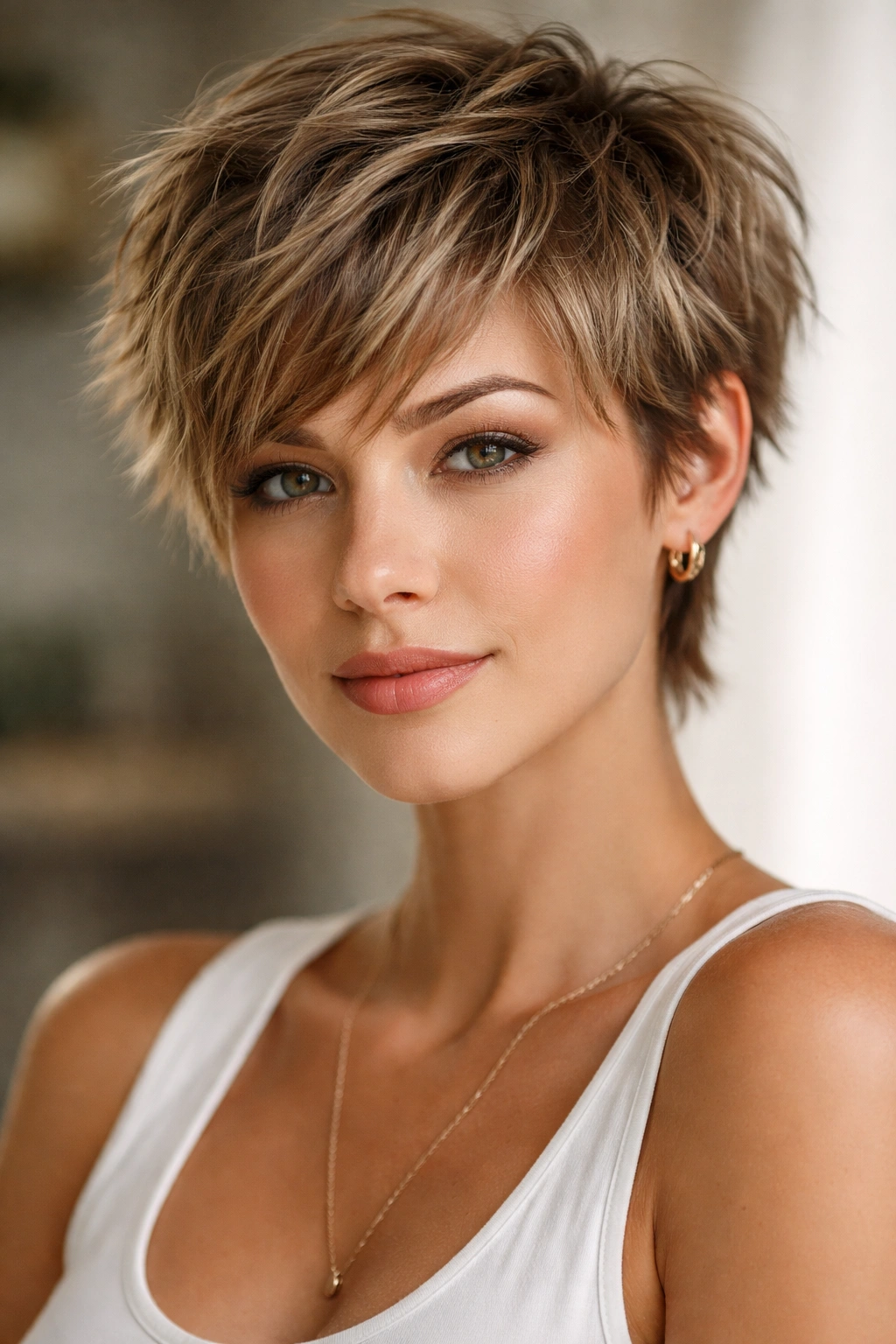 Short textured pixie hairstyle with choppy layers