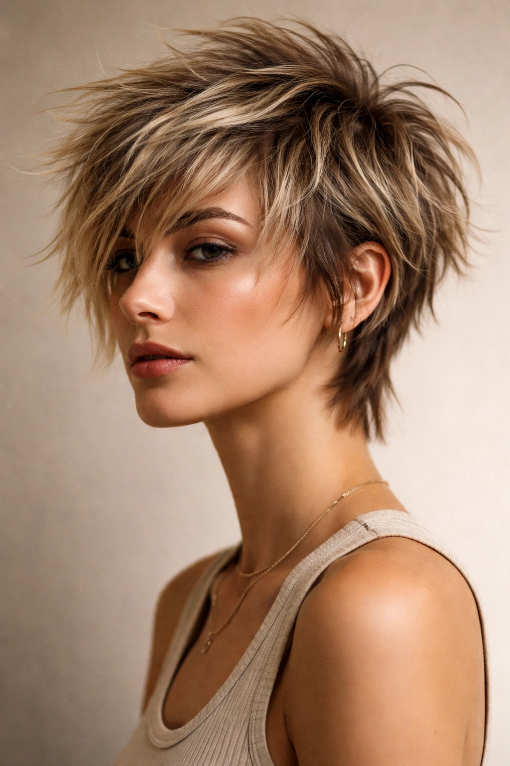 Shaggy long pixie hairstyle with choppy textured layers and movement