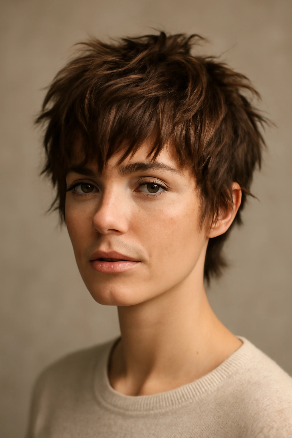 Close-up portrait of a person with a shaggy pixie cut and textured layers.