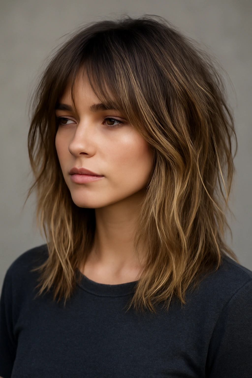 Shaggy medium length hair with dimensional rooted color and layered texture