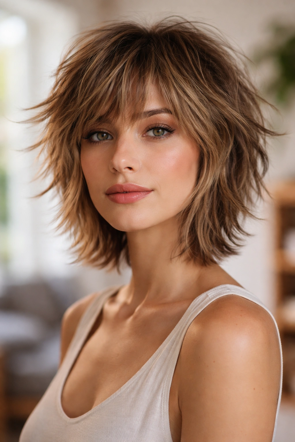 Portrait of a person with shaggy short layered hair and a tousled, textured look.