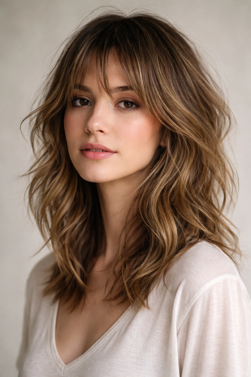 Close-up of shoulder-length shag haircut with choppy layers on fine wavy hair
