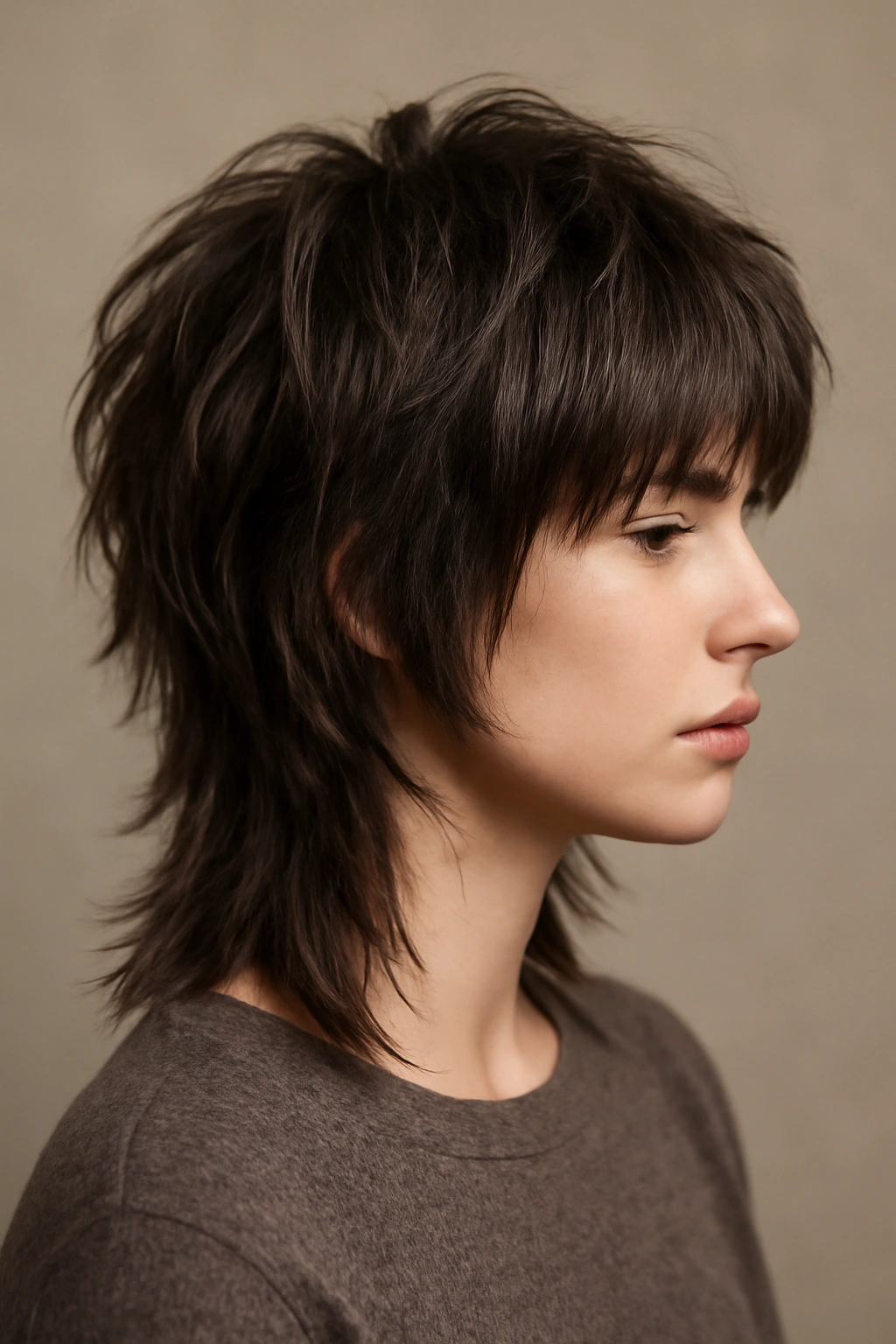 Shaggy layered wolf cut with crown-height layers and longer back pieces.