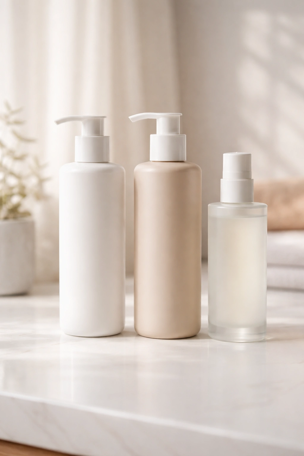 Three unlabeled hair care bottles on a white surface, showcasing shampoo, conditioner, and styling product silhouettes