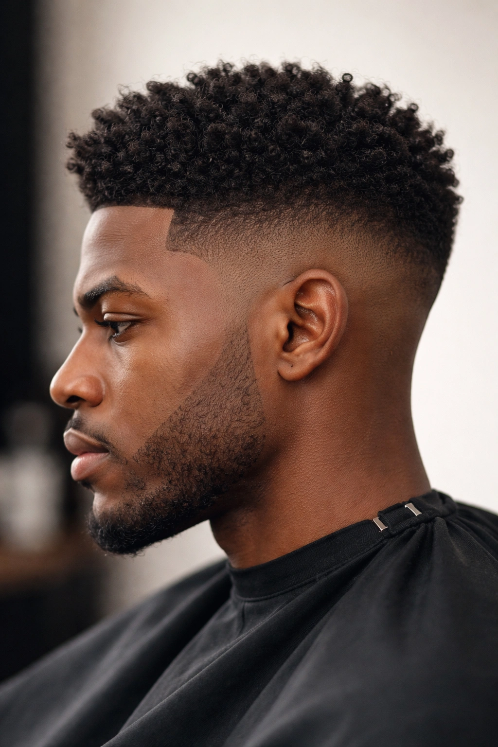 Close-up of coily hair showing shape-defining fade with defined top texture