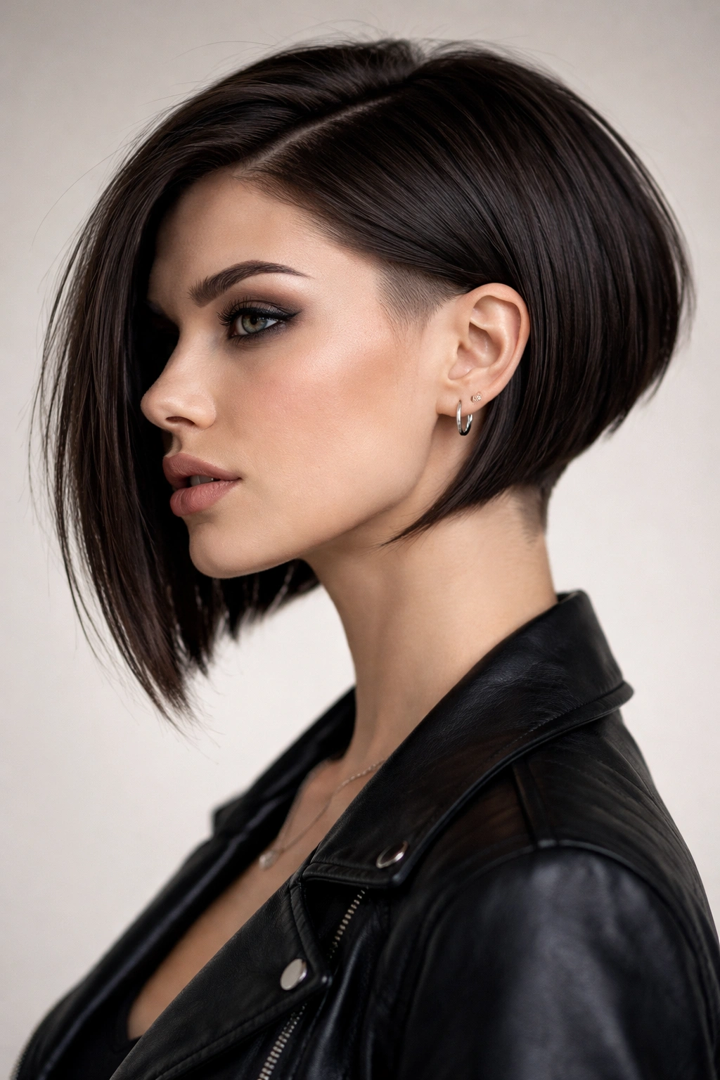 Portrait of a person with a sharp angled bob and undercut highlighting cheekbones and jawline.