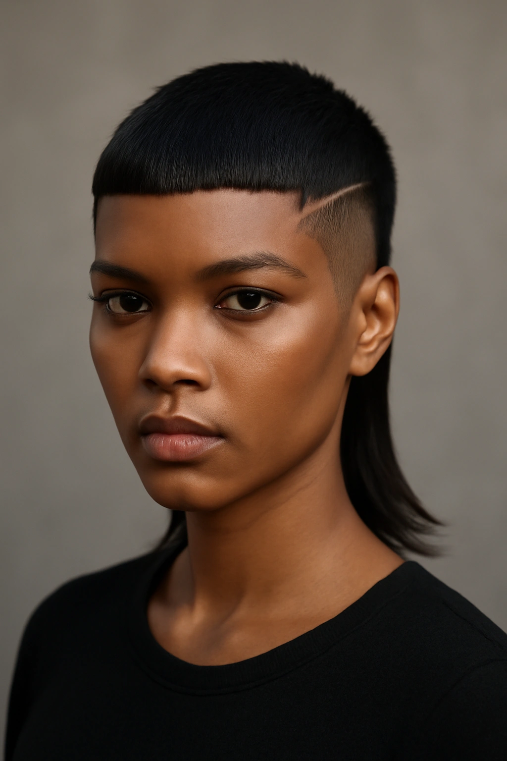Frontal portrait of a Black woman with a sharp geometric mullet featuring clean lines and angular front.