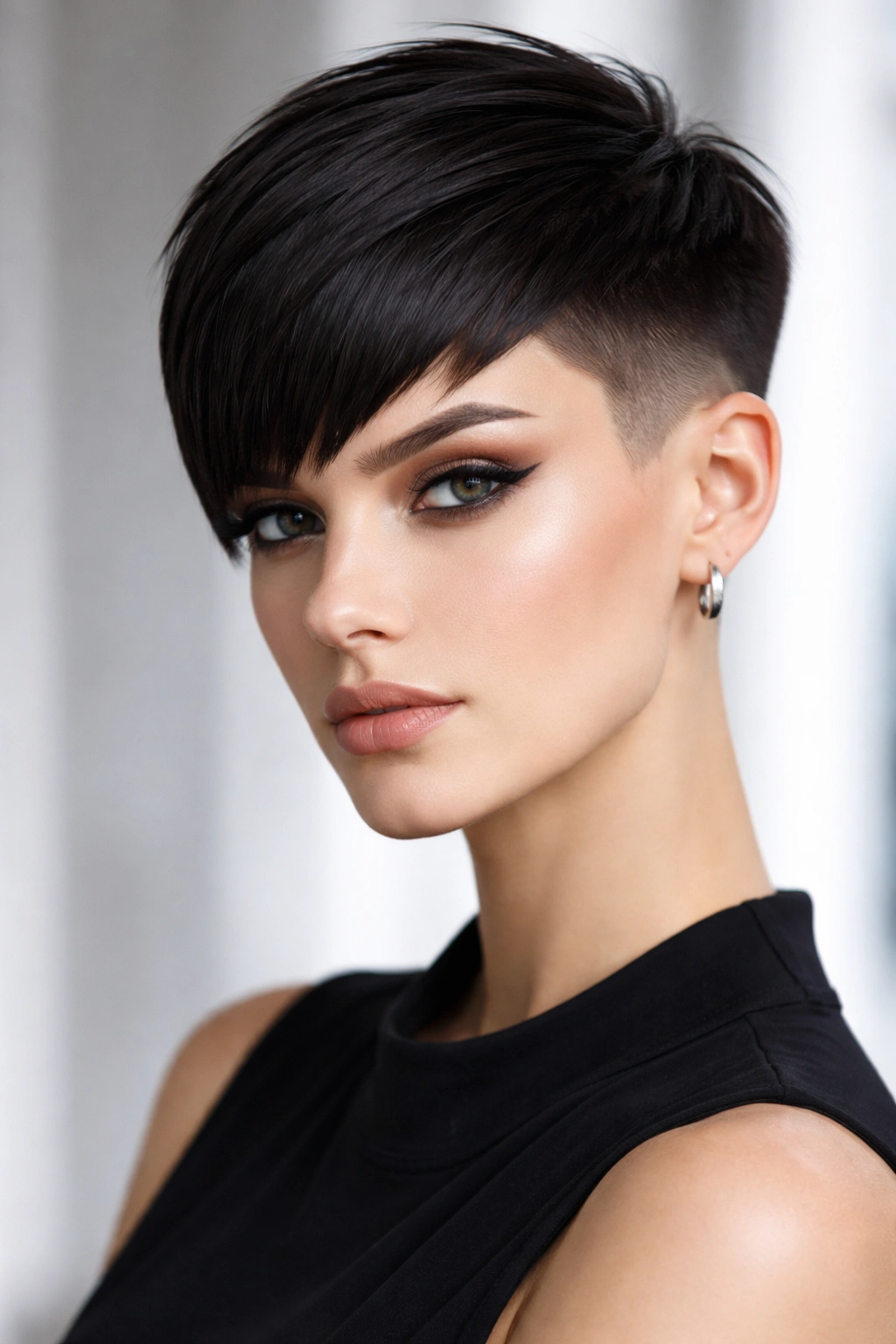 Portrait of sharp geometric pixie with crisp angles and clean fade