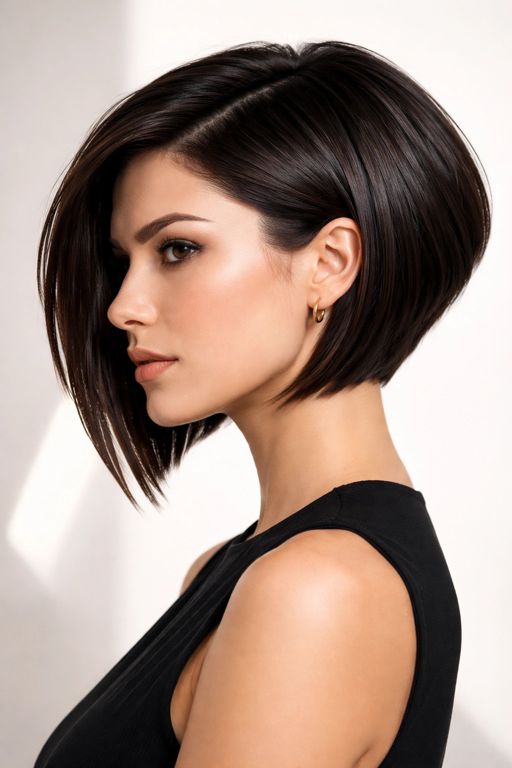 Geometric stacked bob with sharp edges and sculptural silhouette.