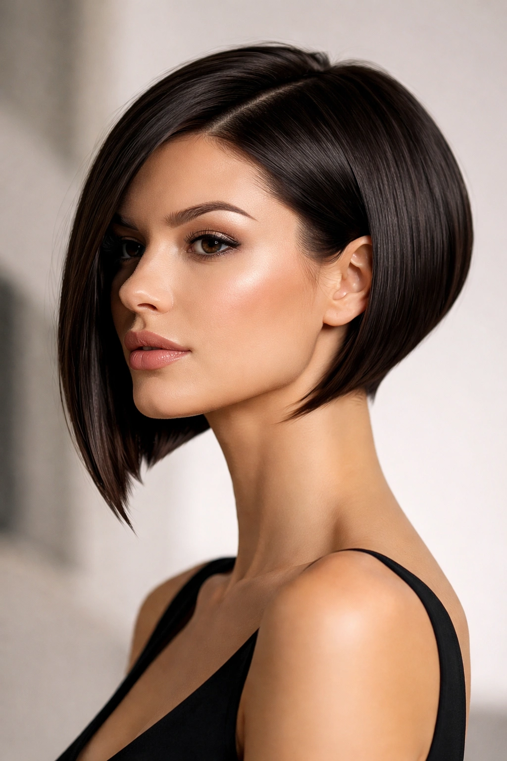 Portrait of a person with a sharp geometric inverted bob showing precise angles.