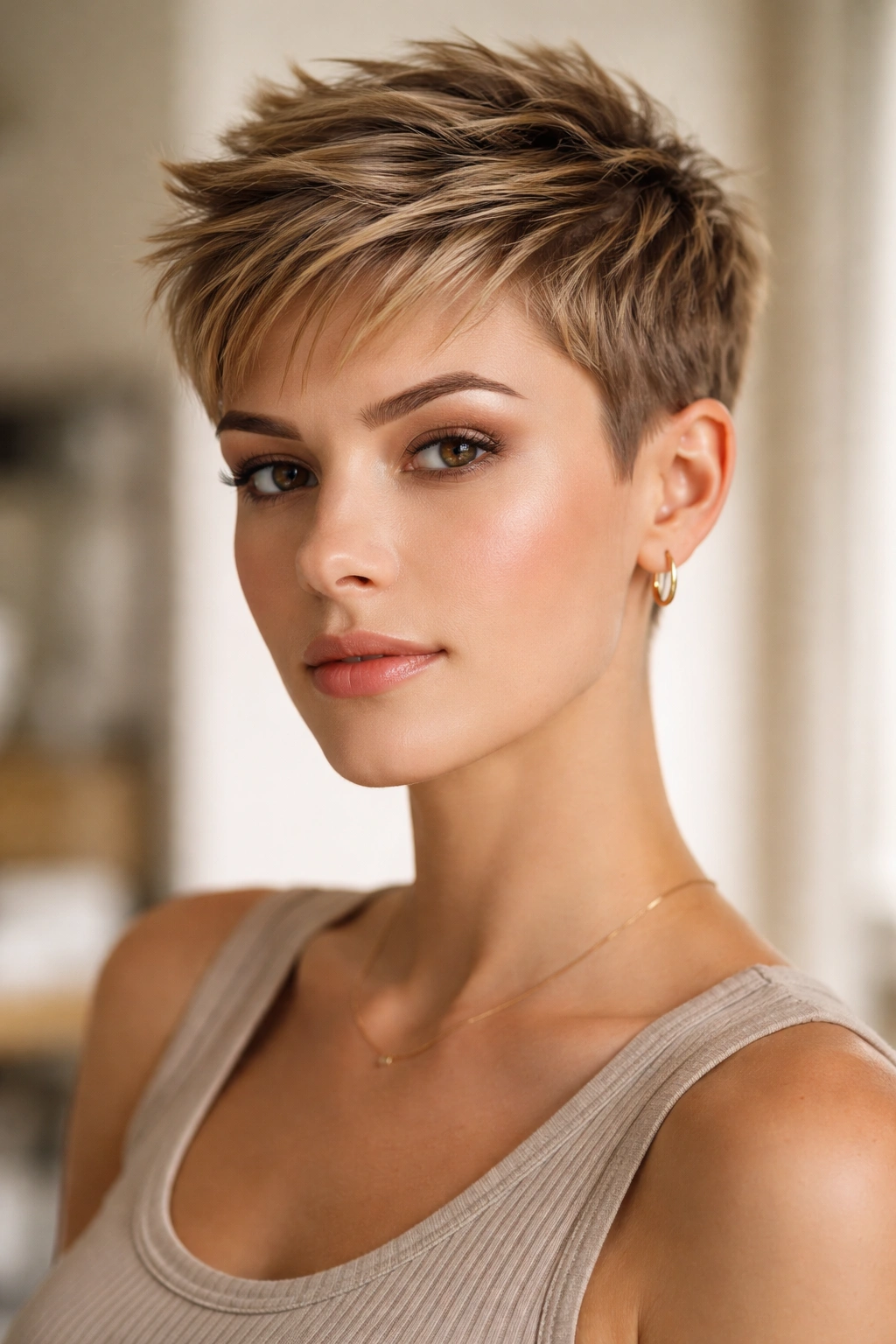 Close-up of sharp pixie with textured top hairstyle