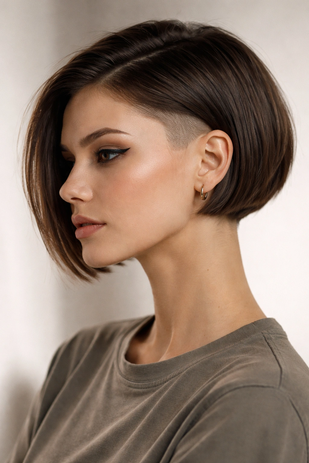 Portrait of a person with a shaved bob, thoughtful expression, neutral studio background