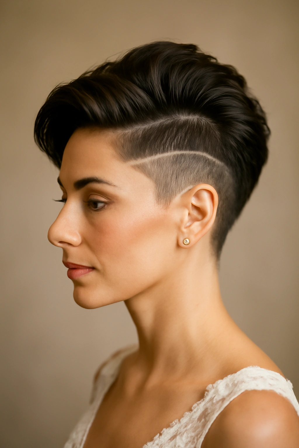 Bride's short hair with shaved pattern and glamorous top