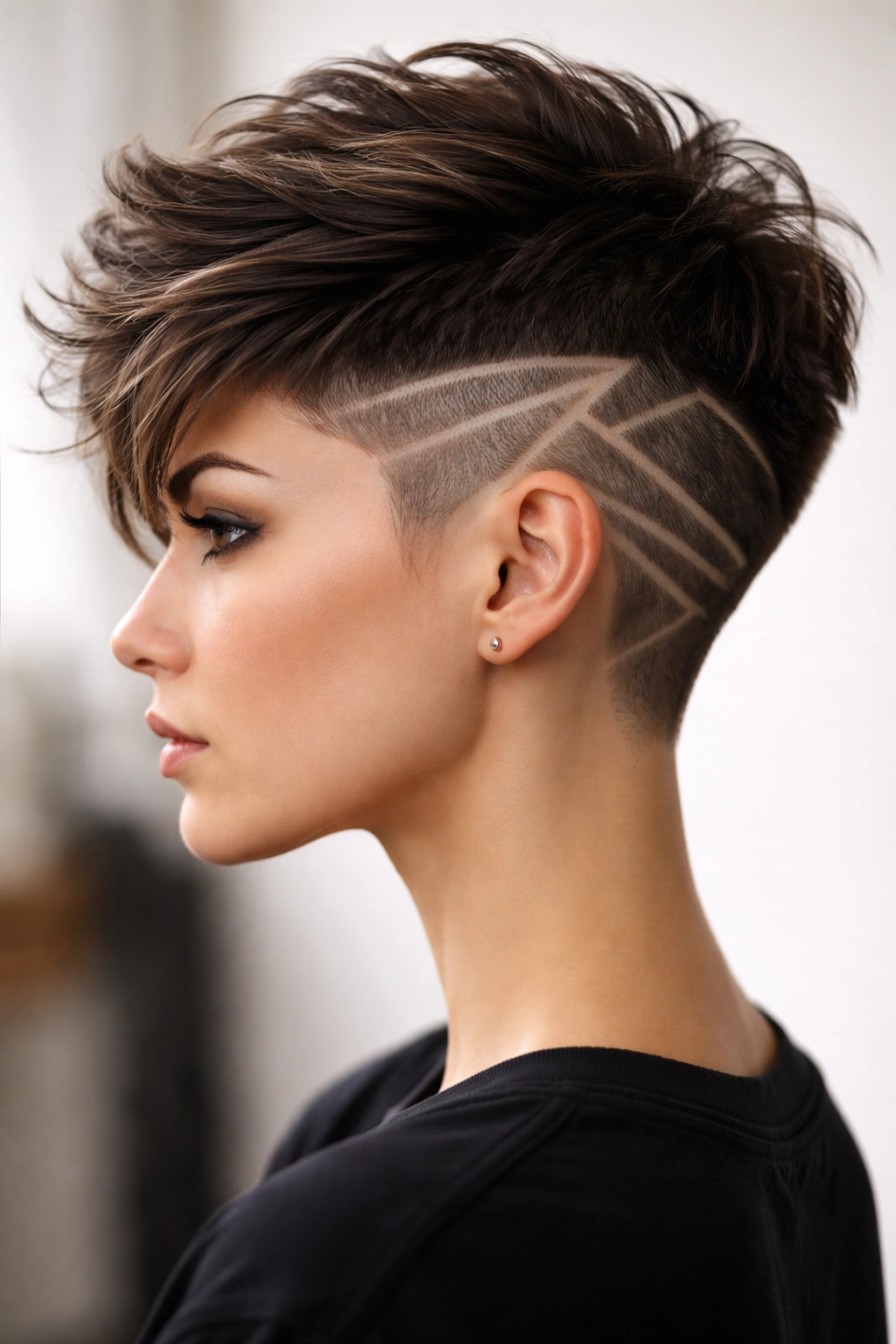 Side profile of shaved design pixie showing bold lines and longer top