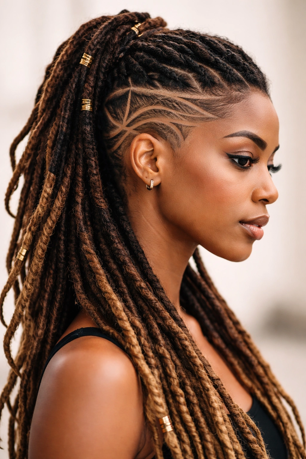 Head with shaved side designs and flowing locs