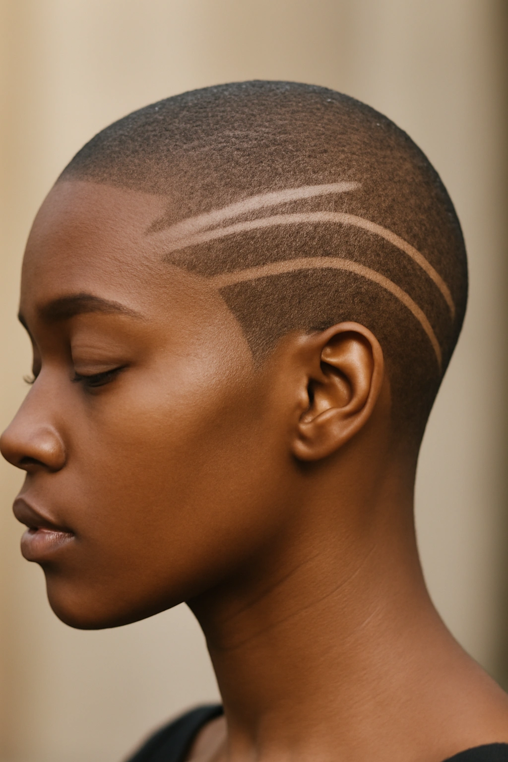 Profile view of a shaved head with crisp line designs