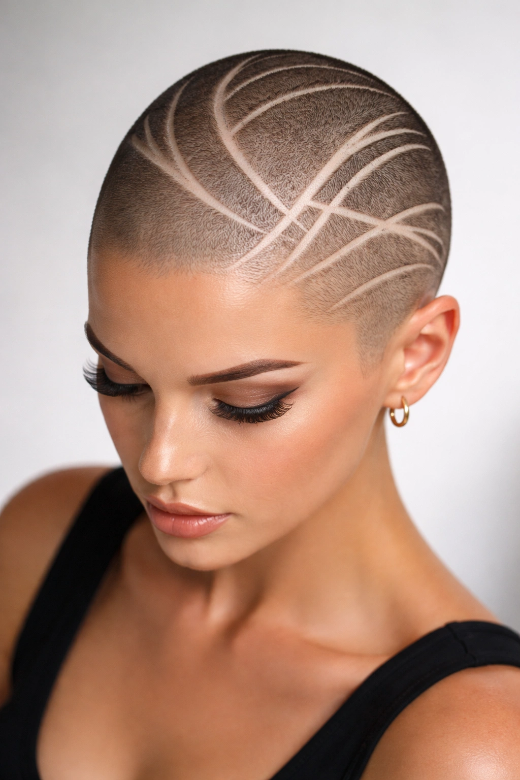 Fully shaved pixie with creative scalp design and exposed scalp