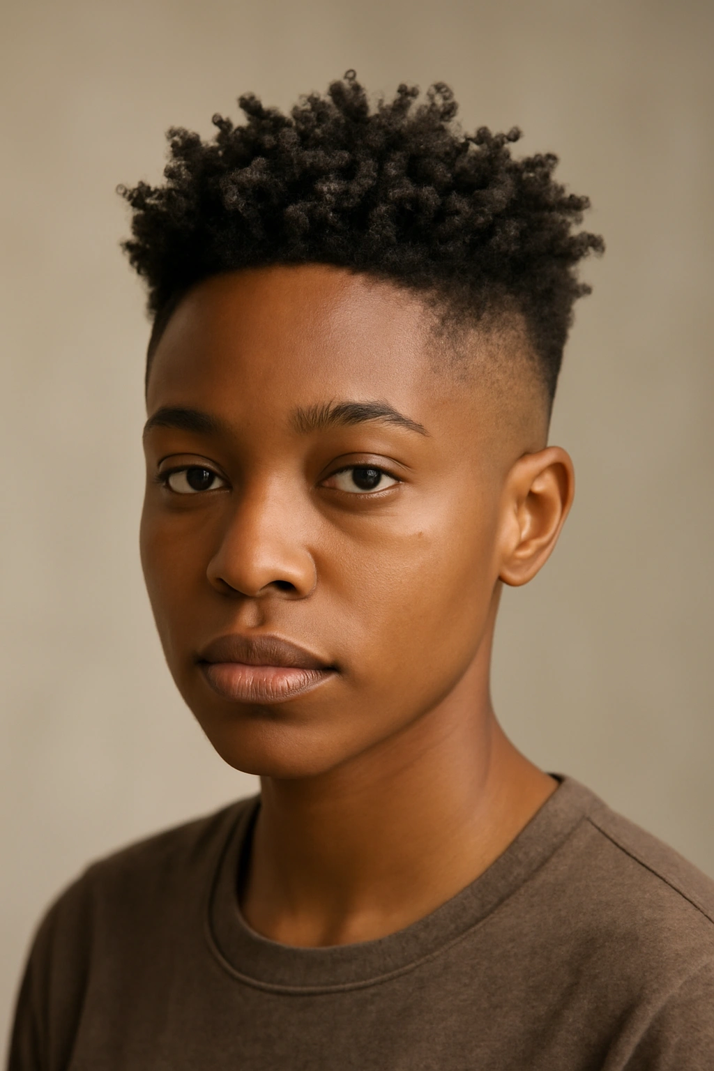 Frontal view of 4C hair with shaved sides and back and a textured top.