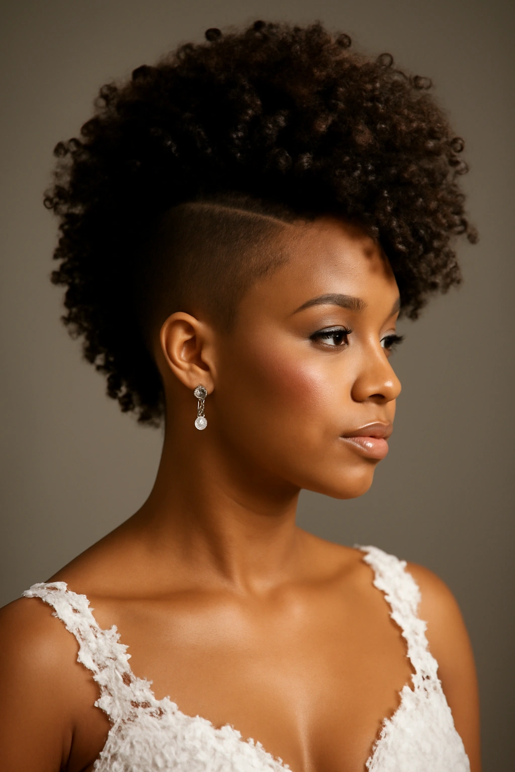 Voluminous curls with shaved sides for a bold bridal look