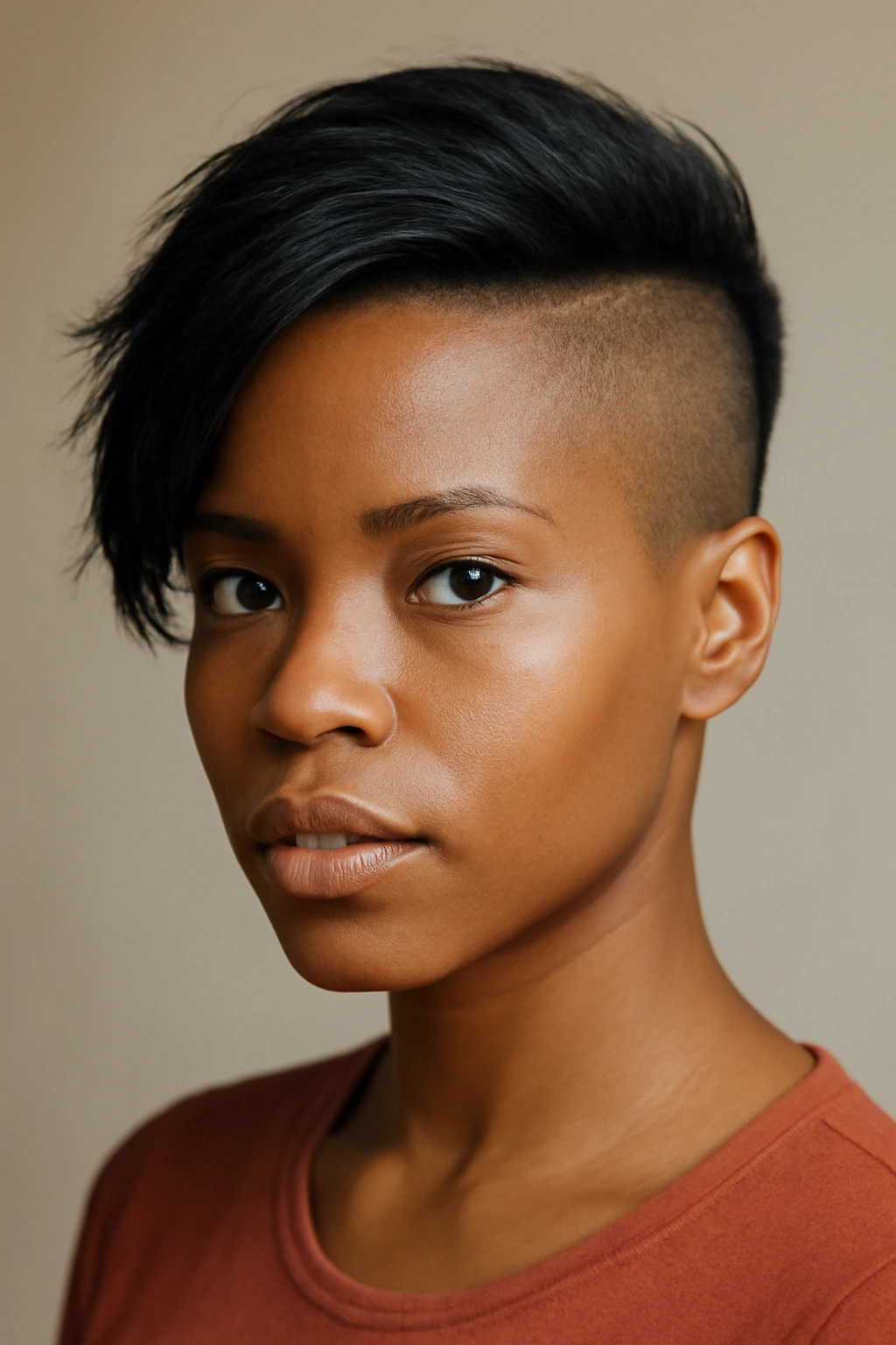 Close-up portrait of a Black woman with shaved sides and a longer crown, highlighting contrast.