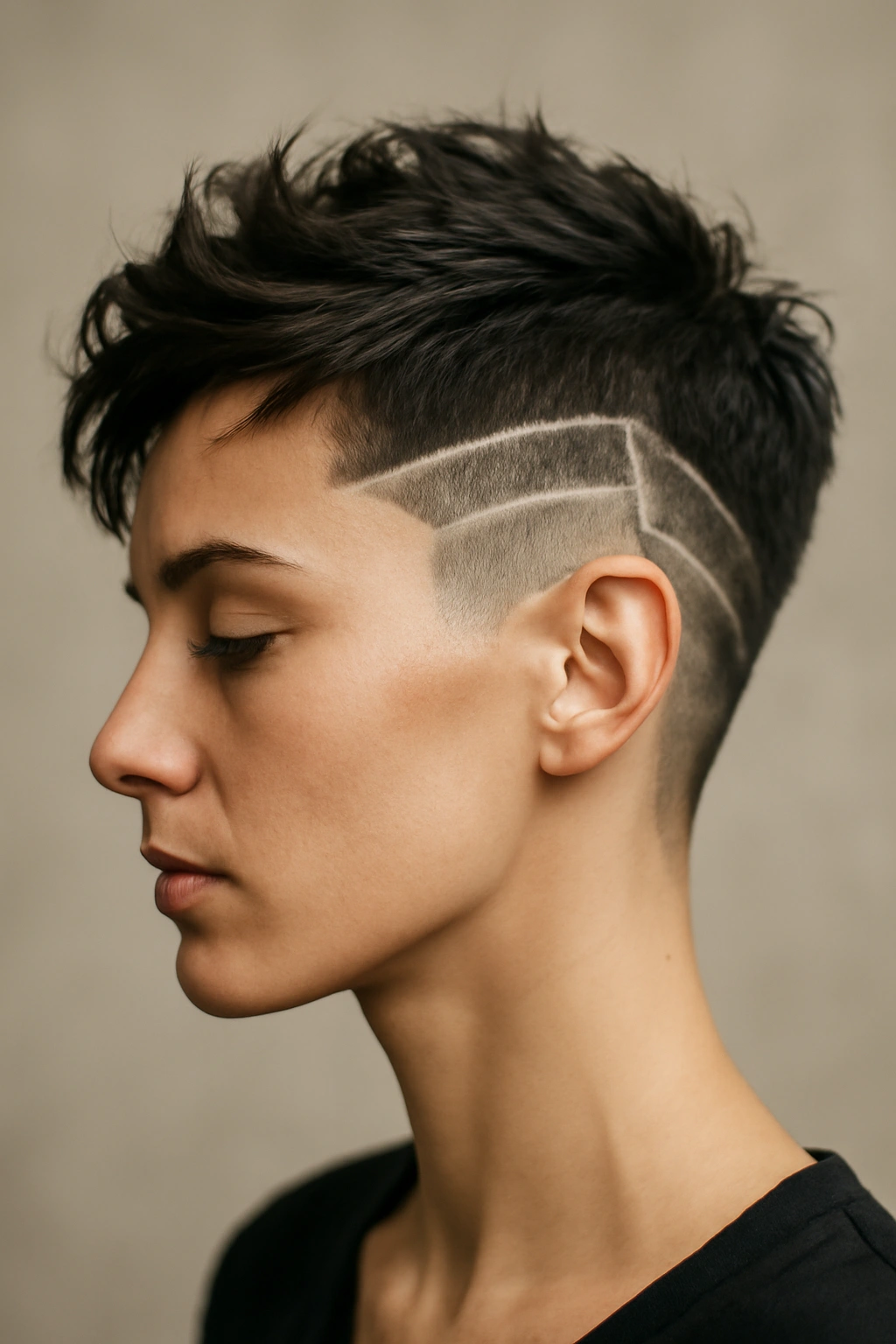 Close-up of The Shaved Sides Design hairstyle showing geometric lines on shaved sides