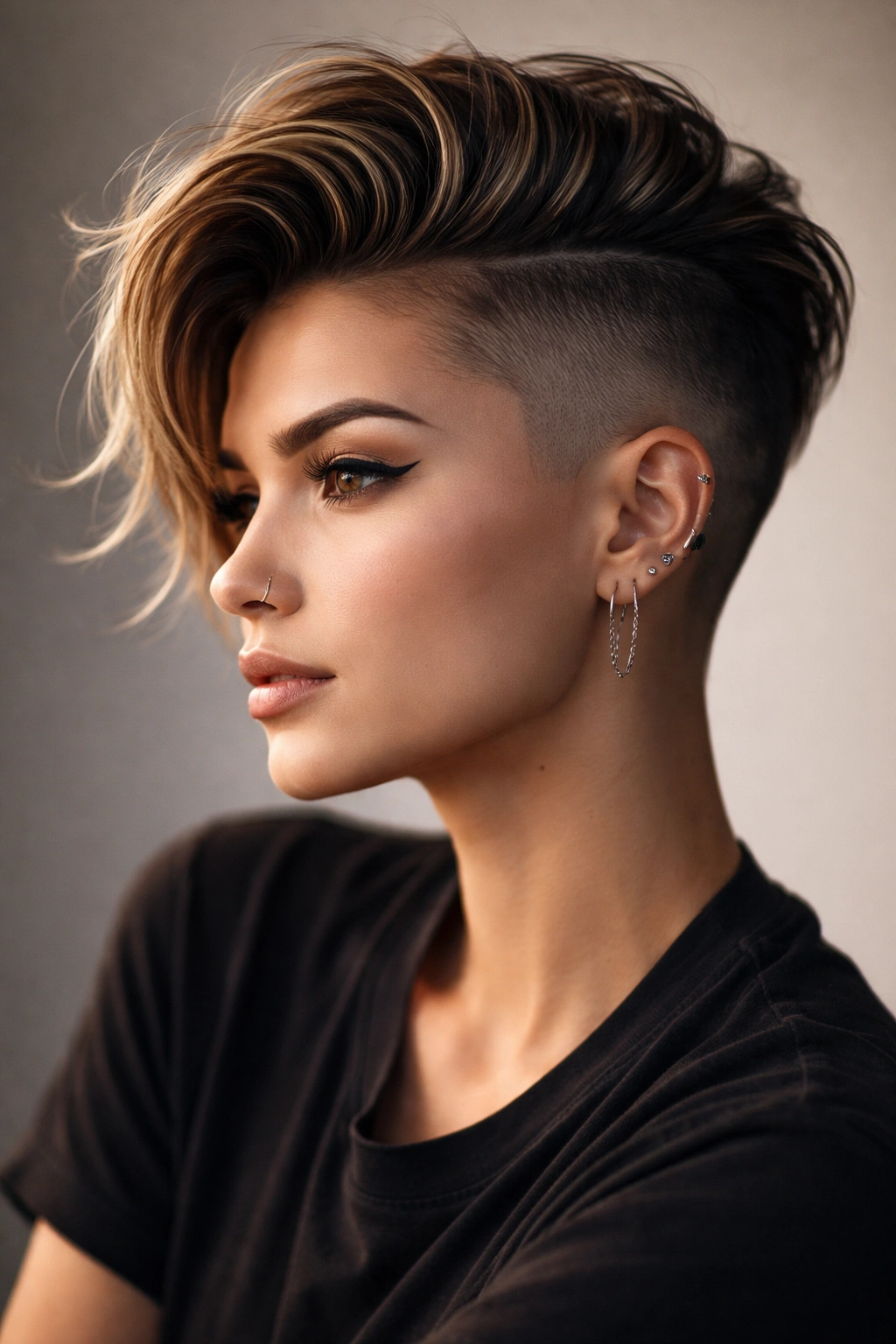 Close-up portrait of a person with bold shaved sides undercut in a minimal studio setting