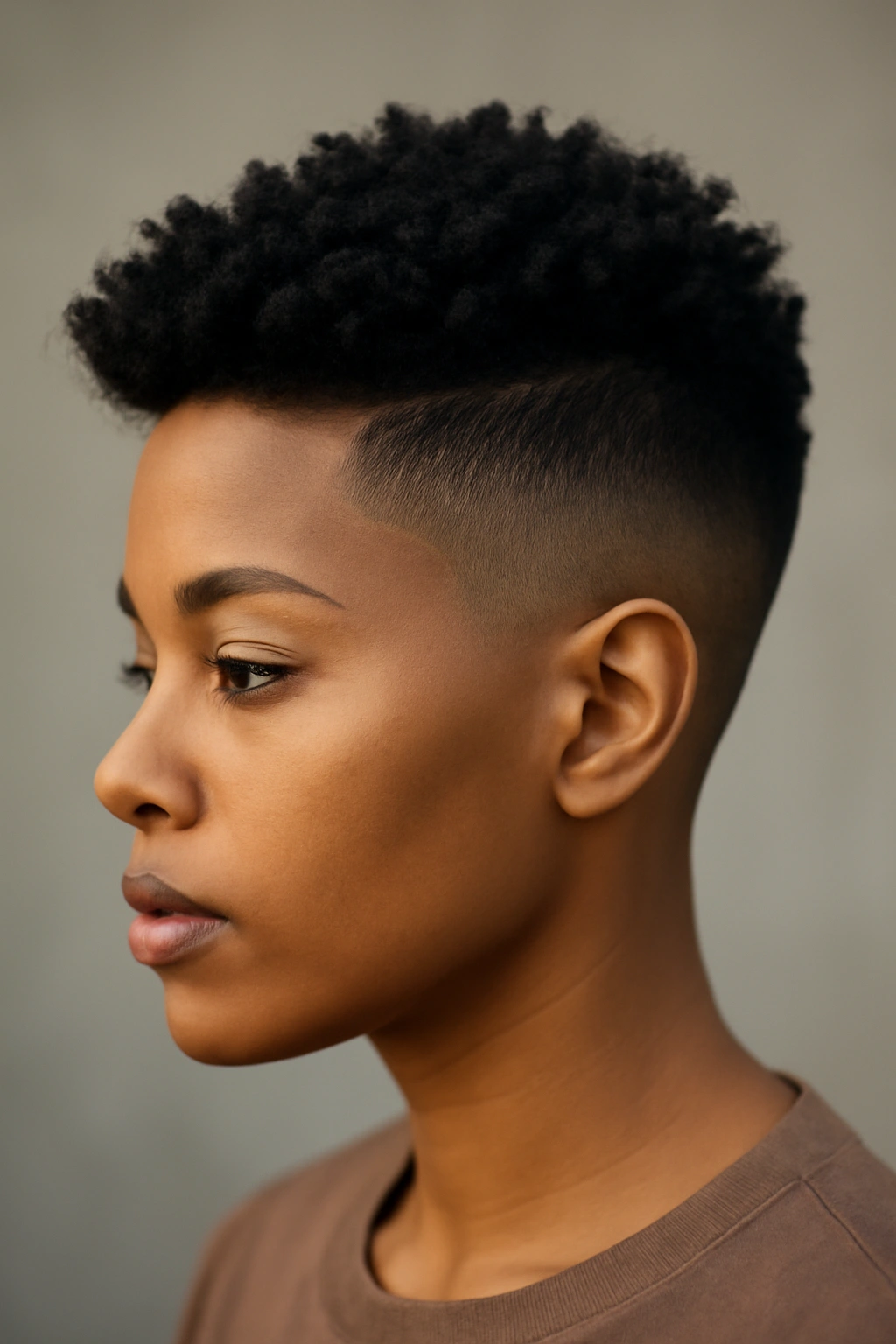Close-up of shaved sides with a longer top on natural hair