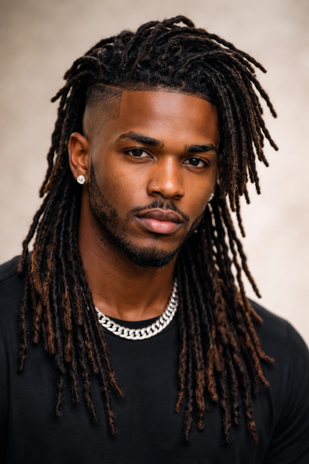 Portrait of a mullet locs with shaved sides creating a bold, high-contrast look