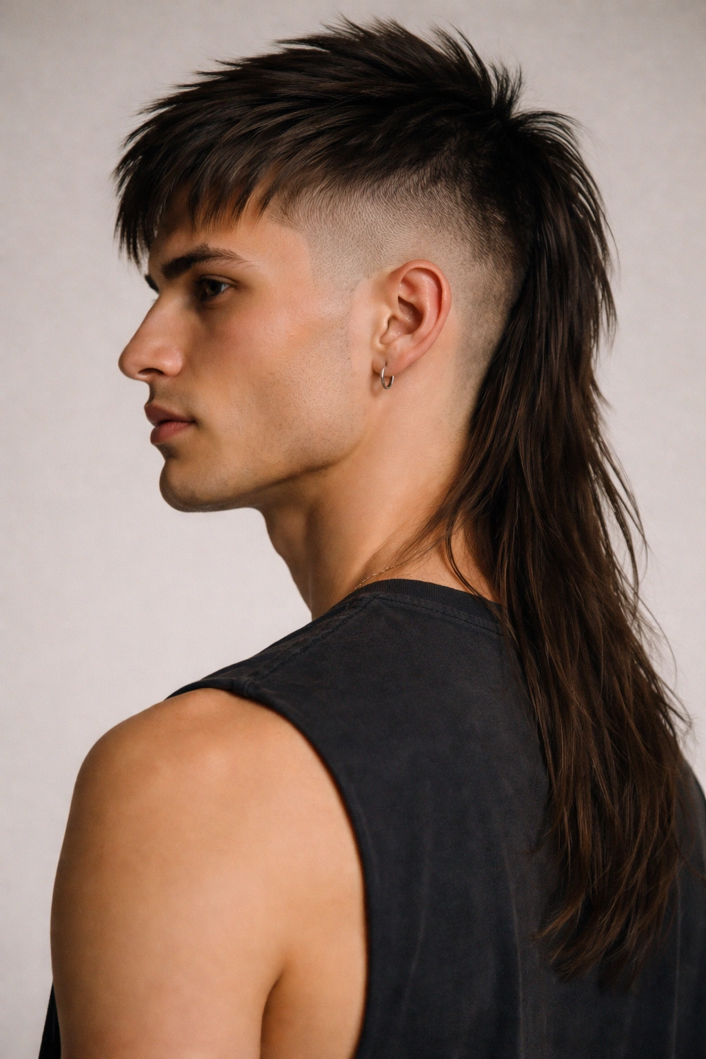 Portrait of shaved-sides mullet with pronounced crown and long back