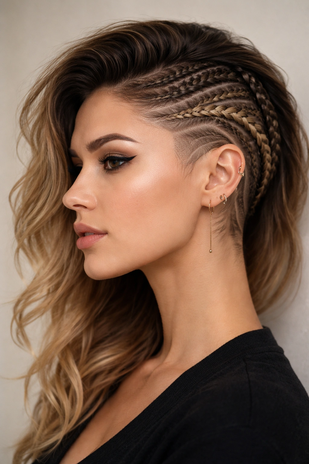 Close-up of shaved sides with woven braids and patterns in the hairstyle