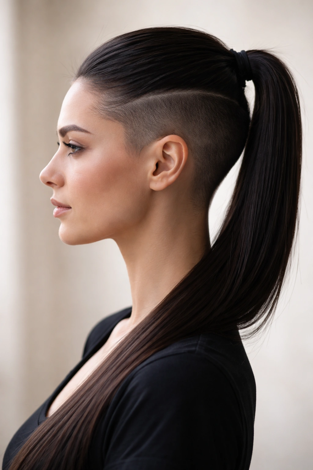 Profile of a person with shaved sides and a sleek pulled-back ponytail revealing the undercut
