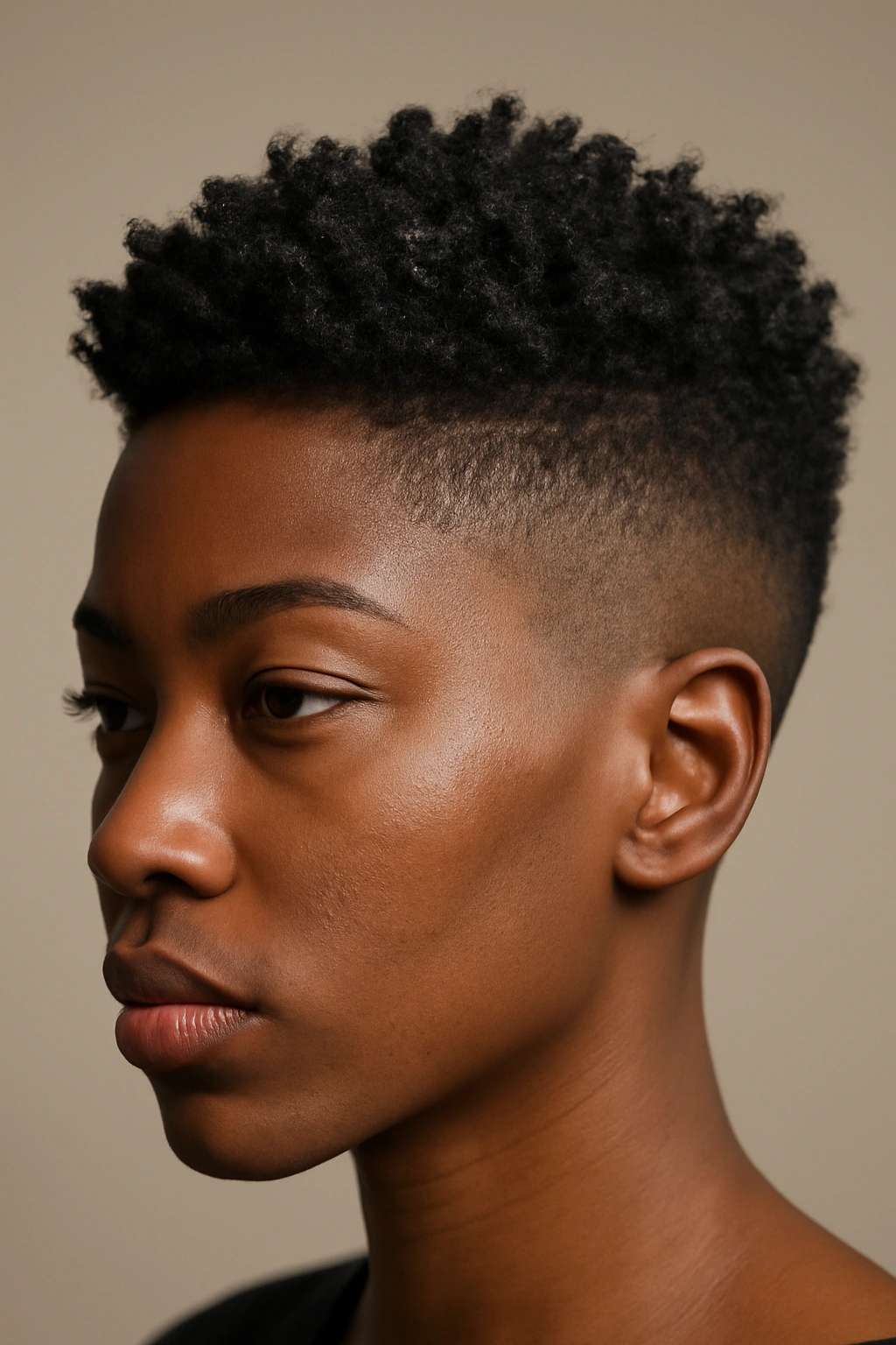 Close-up of shaved sides with textured top on a Black woman's hair