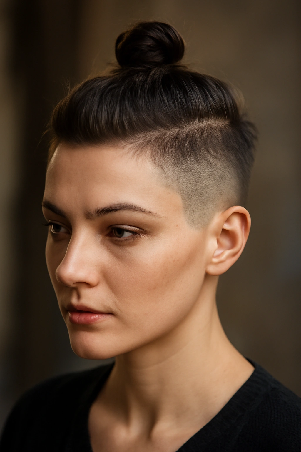 Close-up of shaved sides with a top knot on short hair