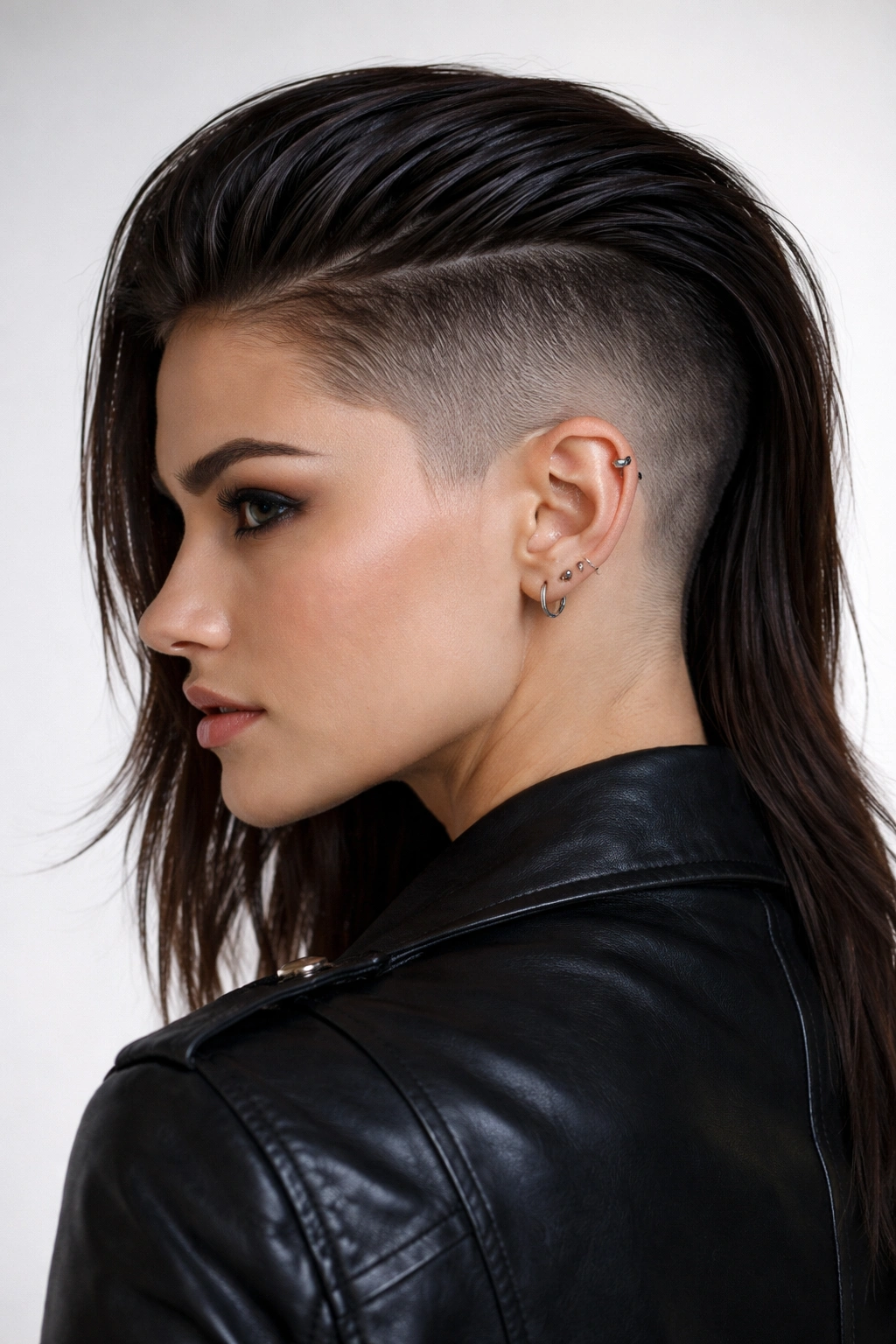 Sleek pulled-back hairstyle with shaved undercut visible from a three-quarter rear view